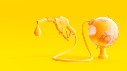 Oil in yellow globe. Gasoline injector fuel pump nozzle and oil drop on Yellow background. Concept oil industry and refuel service. Designed in minimal concept. 3D Render.