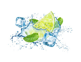 Lime in water splash of ice cubes and mint leaves, mojito drink vector background. Lemonade or fruit cocktail realistic water splash or pour spill, droplets of ice cubes with lemon lime and mint leaf