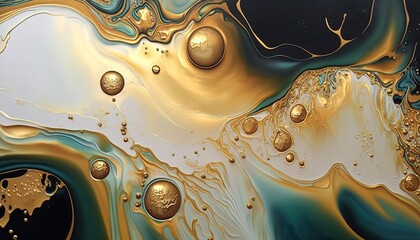 Abstract background of liquid metal pour in hues of gold, green, blue and white, generative ai composite.