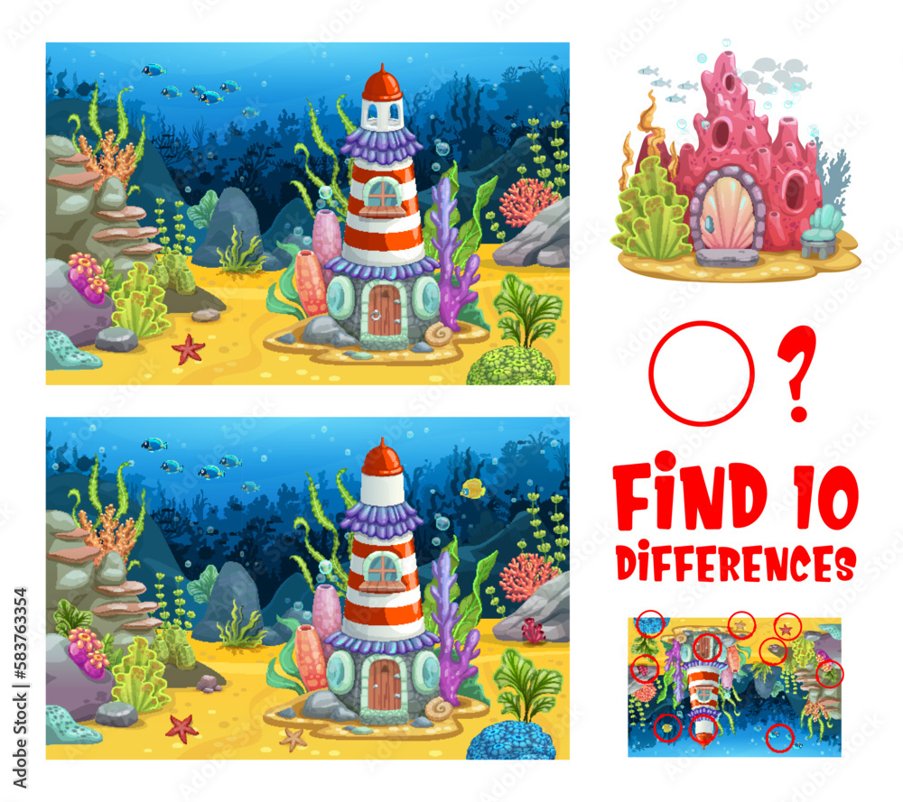 Poster find ten differences on underwater sunken lighthouse. kids vector game worksheet with cartoon beacon