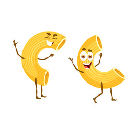 Cartoon gobetti rigati pasta characters. Amicable isolated vector Italian cuisine personages partying and dancing with cheerful smiling faces. Cute and adorable dinner emoticons with funny expression