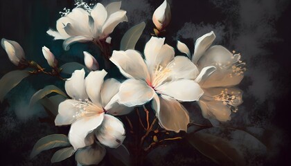 painting showing beautiful white flowers in dark background, Generative AI