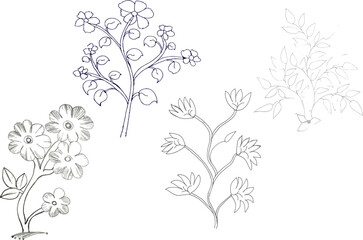 Black outline hand drawn art tree branch, colorful tree, bush, plant, tropical leaves side view isolated on white background, Beautiful Bundle rose with leaves design vector Collection illustration, 