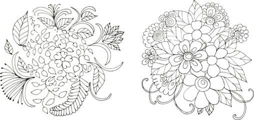 Round floral Beautiful Bundle design Collection, eucalyptus branches line art doodle bouquet Vector flower background, black outline hand drawn element tree branch, bush, plant, tropical leaves