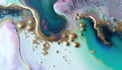 Abstract pearlescent acrylic pour with with gold dimension, generative ai composite.