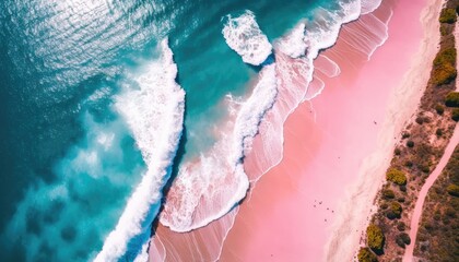 Aerial view of a pink beach on a sunny day, generative ai composite.