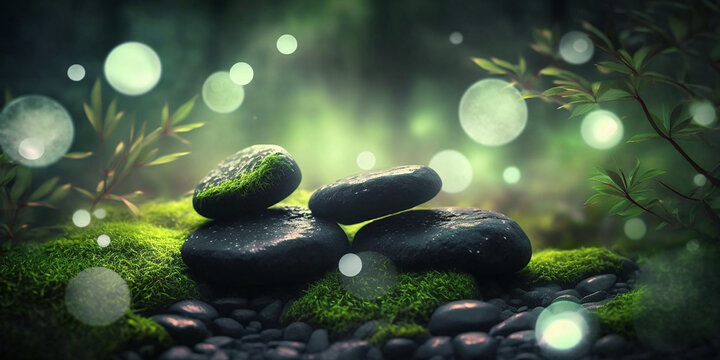 Ultimate healing power, black glowing healing stones in beautiful nature scene, green blur background, bokeh, peaceful and calm.