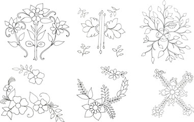 Fototapeta na wymiar Beautiful Bundle rose with leaves design , Black outline hand drawn art converted to vector tree branch, colorful tree, bush, plant, tropical leaves, vector illustration blooming flowers with contour 