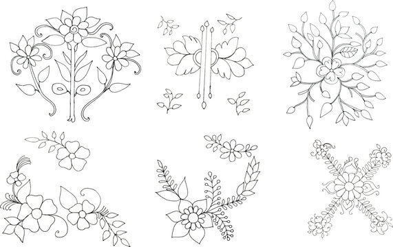 Beautiful Bundle rose with leaves design , Black outline hand drawn art converted to vector tree branch, colorful tree, bush, plant, tropical leaves, vector illustration blooming flowers with contour 