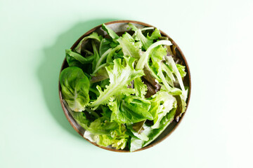 Green vegan salad from green leaves mix and vegetables.