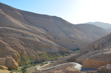 Panoramic view of the beautiful rocks and canyons of Wadi Ghweir in the Jordan desert