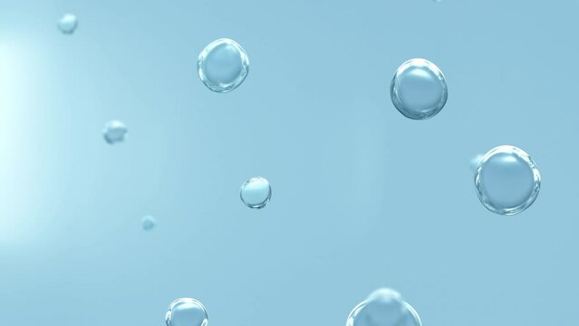 Ascending transparent bubbles on blue and white background. Looped 3D animation concept for beauty and science demo and showcase with copy space depicting cleanliness and purity of water and hydrogen.