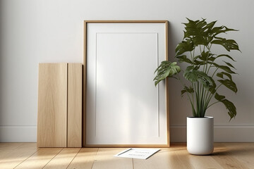 Vertical wooden poster or photo frame mockup that is contemporary and minimalist witrh interior with Generative AI technology