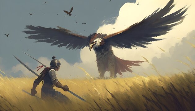 the big eagle attack the warrior from above in a field, illustration painting, Generative AI