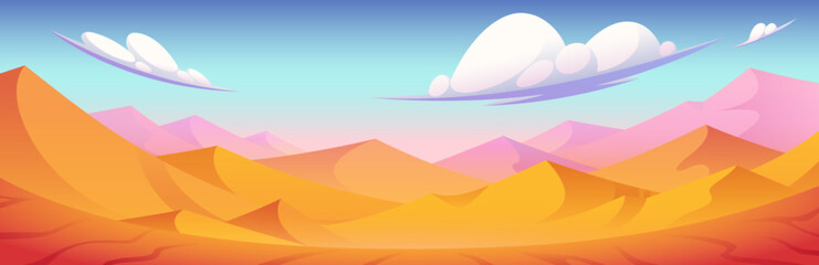 Sahara desert dune vector landscape background. Cartoon egyptian sky and yellow sand hill illustration. Dubai summer day wilderness scene. African sunny drought environment for adventure game design.