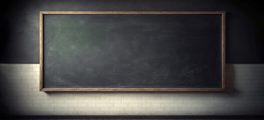 A blank blackboard on a wall. An old used black board on a grungy dim classroom. Generative AI. - obrazy, fototapety, plakaty