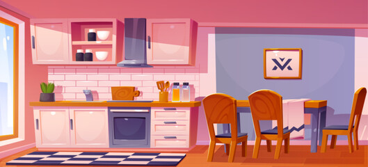 Cartoon kitchen interior with table in vector. House dining room background illustration with cook oven, stove, window, sink and cupboard. Empty modern flat dinning concept with daylight front view