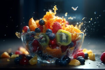 Fototapeta na wymiar A Michael Bay Fruit Salad, obviously it explodes in slow motion, splashing juice and pulp into the air, cinematic lighting, chromatic aberration, saturated, epic, created by AI