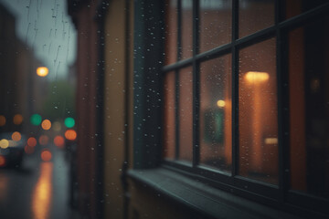 A rainy night outside of a window with rain falling on it, Generative AI