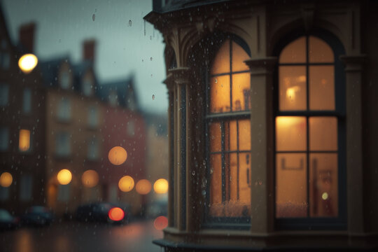 A picture of a city in rainy weather, a window with a view of a street, Generative AI