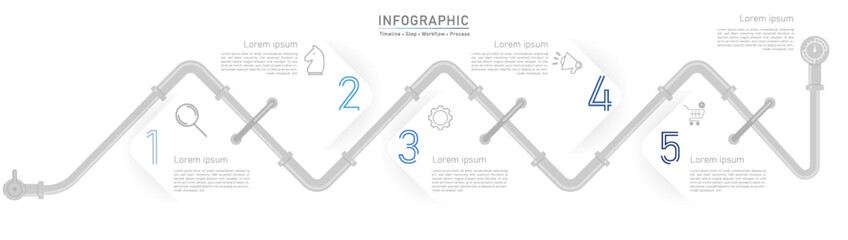 Five pipe line business option infographic template. Minimal step workflow number icon element presentations. Timeline diagram object vector.