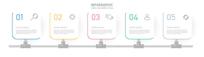 Five pipe line business option infographic template. Minimal step workflow number icon element presentations. Timeline diagram object vector. - obrazy, fototapety, plakaty