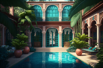 Obraz na płótnie Canvas A house with a pool surrounded by palm trees, Generative AI