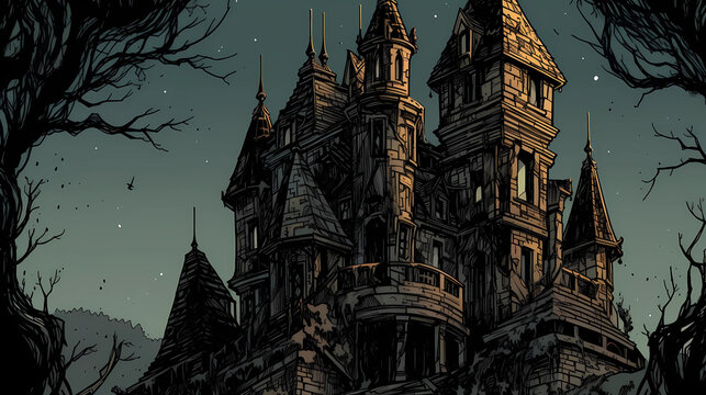 castle with creepy cobwebs, comic book style. digital art illustration