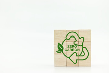 Wooden cubes with green zero carbon icons on white background. Zero carbon and net zero emissions...