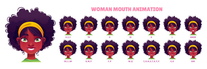 Character mouth movements in pronunciation while talk. Animation set of girl speech, sync lips with different phonemes and emotions, vector cartoon illustration - obrazy, fototapety, plakaty