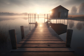 A dock with a house on it in the fog, Generative AI