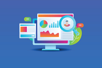 Digital data analytics report on market research, competitive marketing strategy and market share, upcoming trends and business forecast on dashboard screen, vector illustration banner.
