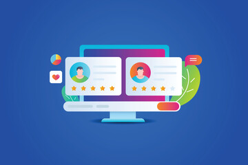 Customer reviews on computer screen, online feedback people sharing positive experience, gradient style vector illustration.