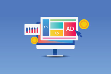 Internet advertising concept, display banner ads on website or blog page, online ad purchase network click rate audience monetization concept. vector banner template.