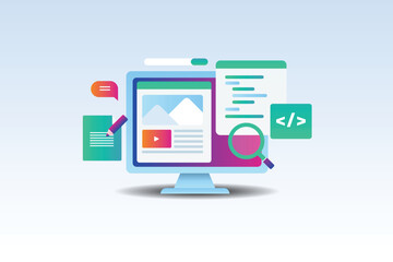 Website development programming and coding on pc screen, web design user interface prototyping testing on local server concept, vector banner template.