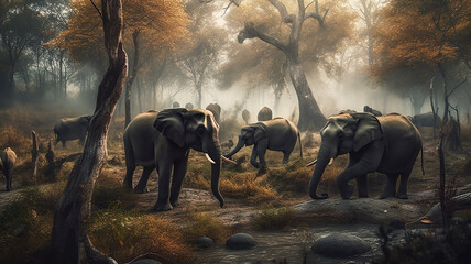 elephants in the forest in the mist swamp silent Generative AI