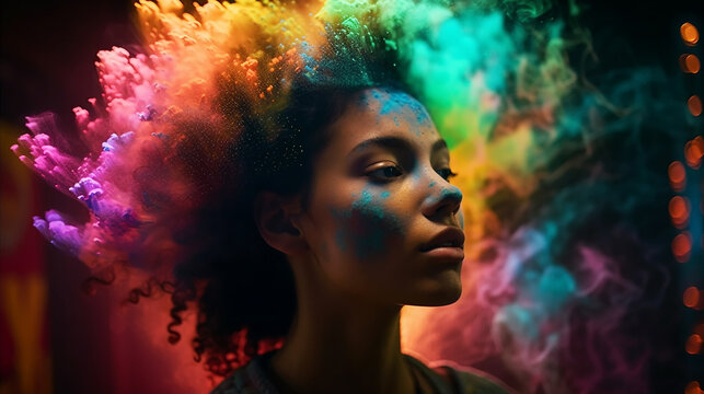 a person experiencing the radiant euphoria in colorful smoke background behind it an explosion of colored powders Generative AI