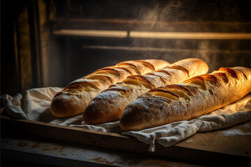 Baguettes fresh out of the oven in a french bakery, hyper Realistic