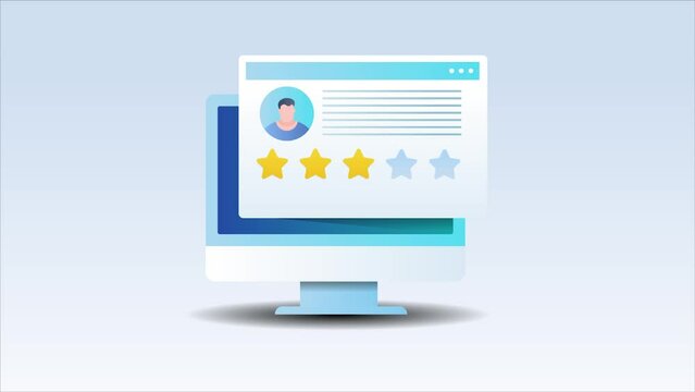 Person hand giving five star rating online web page, customer feedback experience survey concept. Video animation.