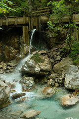 Vertical shot of waterworks and gullies near a river. Seisenbergklamm, Weissbach bei Lofer, Austria.