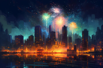 firework display lighting up a city skyline at night. digital art illustration