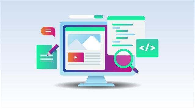 Software application UI web development coding programming on computer screen, video animation.