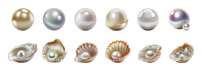 Pearls and seashells collection. summer and vacation elements. Isolated on the transparent background.