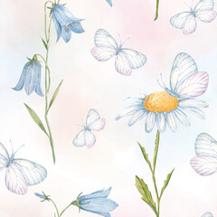 Delicate floral watercolor background of wildflowers, daisies, butterflies. Seamless pattern