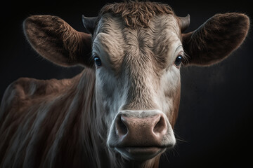 Portrait of cattle brown cow looking at camera, inside studio. Generative ai