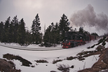 Steam locomotive narrow gauge railway on the Brocken mountain in the Harz mountains in Germ