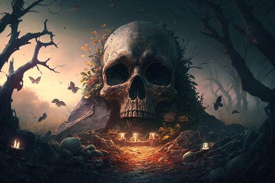 Black magic ritual, sacrifice altar concept. Big skull and candles in a dark gloomy forest. Halloween gothic generative ai illustration