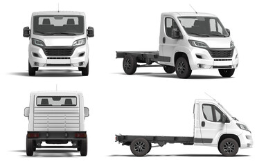 Set of white flatbed truck for car branding and advertising different views 3d render on white