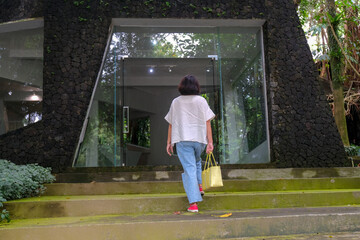 Woman casually walking up the steps into glass door entrance