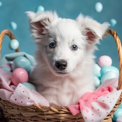 Fototapeta na wymiar Cute White Puppy in a basket looking at the camera with colourful Easter Eggs - Created using Generative AI